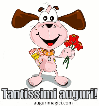 Immagini GIF di buon compleanno, cane con un mazzo di fiori