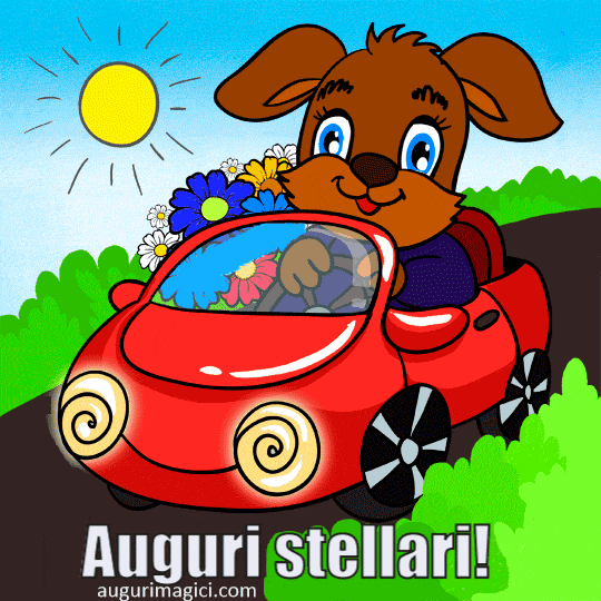 Immagini GIF di buon compleanno, cucciolo in macchina