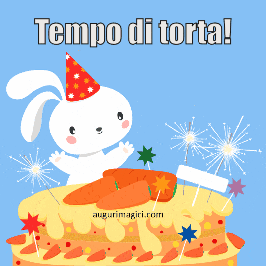 Immagini GIF di buon compleanno, coniglietto con torta e fuochi d'artificio