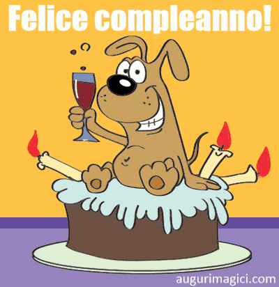 Immagini GIF di buon compleanno, cane con un bicchiere di vino e torta