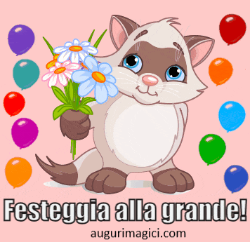 Immagini GIF di buon compleanno, gattino con un mazzo di fiori e torta